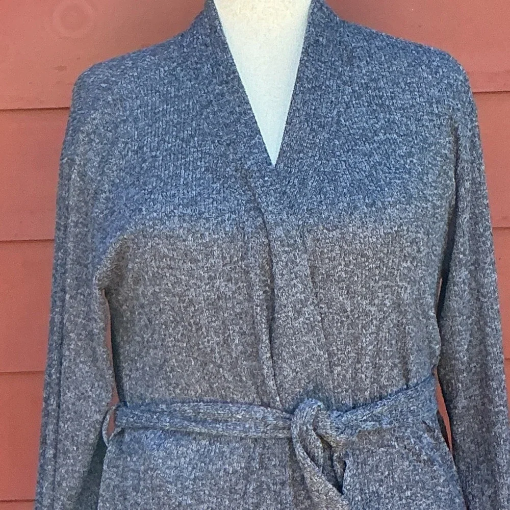 Lands End Robe Womens M Gray Ribbed‎ Knit Tie Waist Cozy Loungewear Minimalist